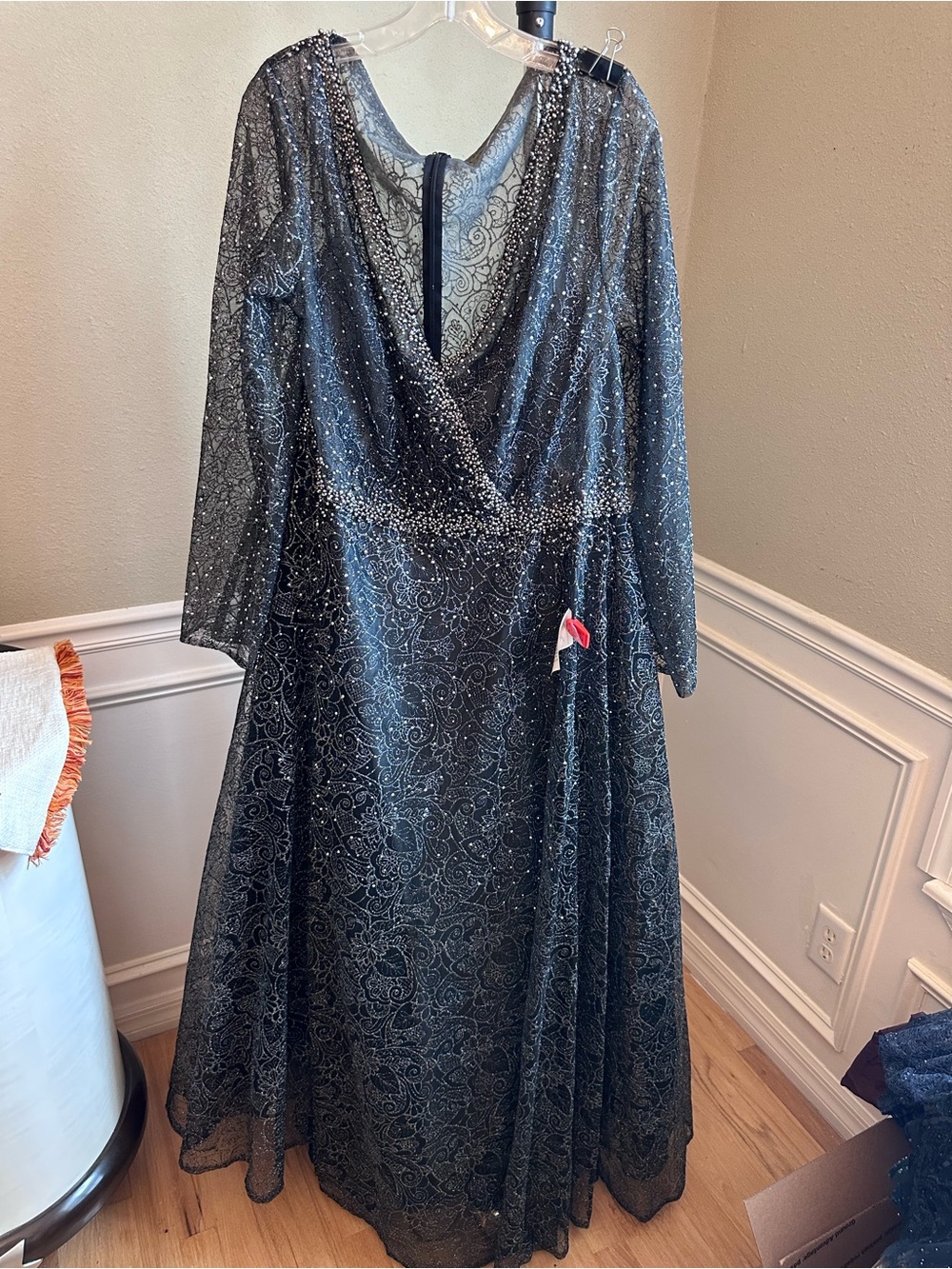 Mac Duggal Black Sparkle Lace Long Sleeve Evening Gown